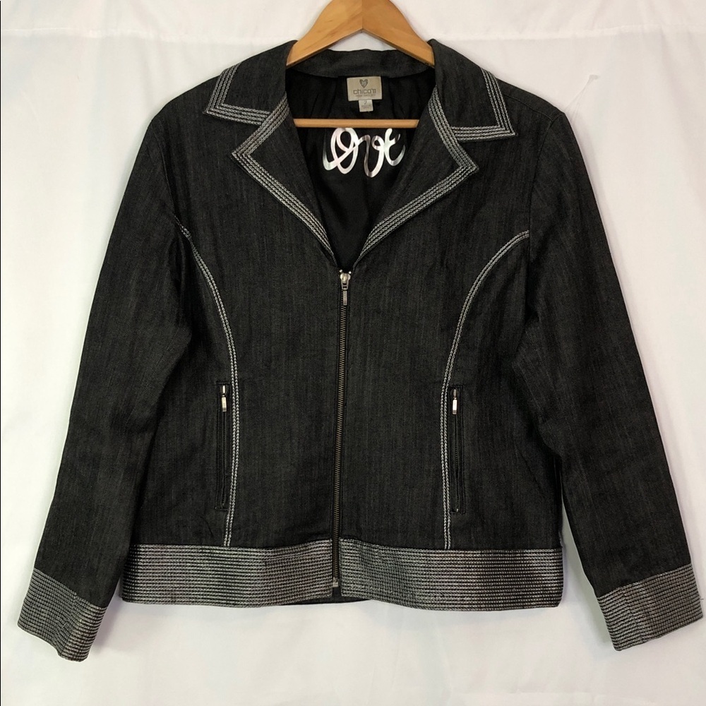 Chico's Dark Gray Jean Jacket with Metallic Trim Stitching  Size 2